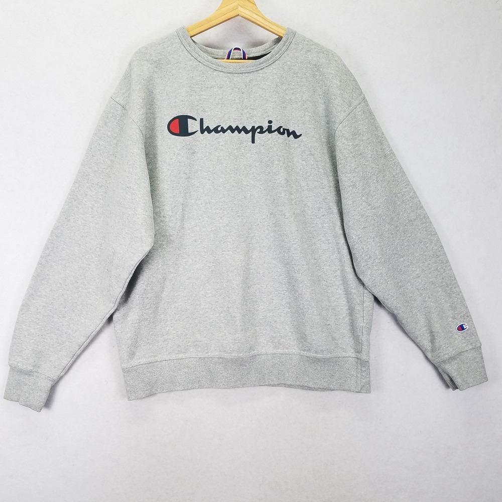 Champion Pullover Sweatshirt Mens L Gray Cotton Fleece Spellout Logo Athleisure